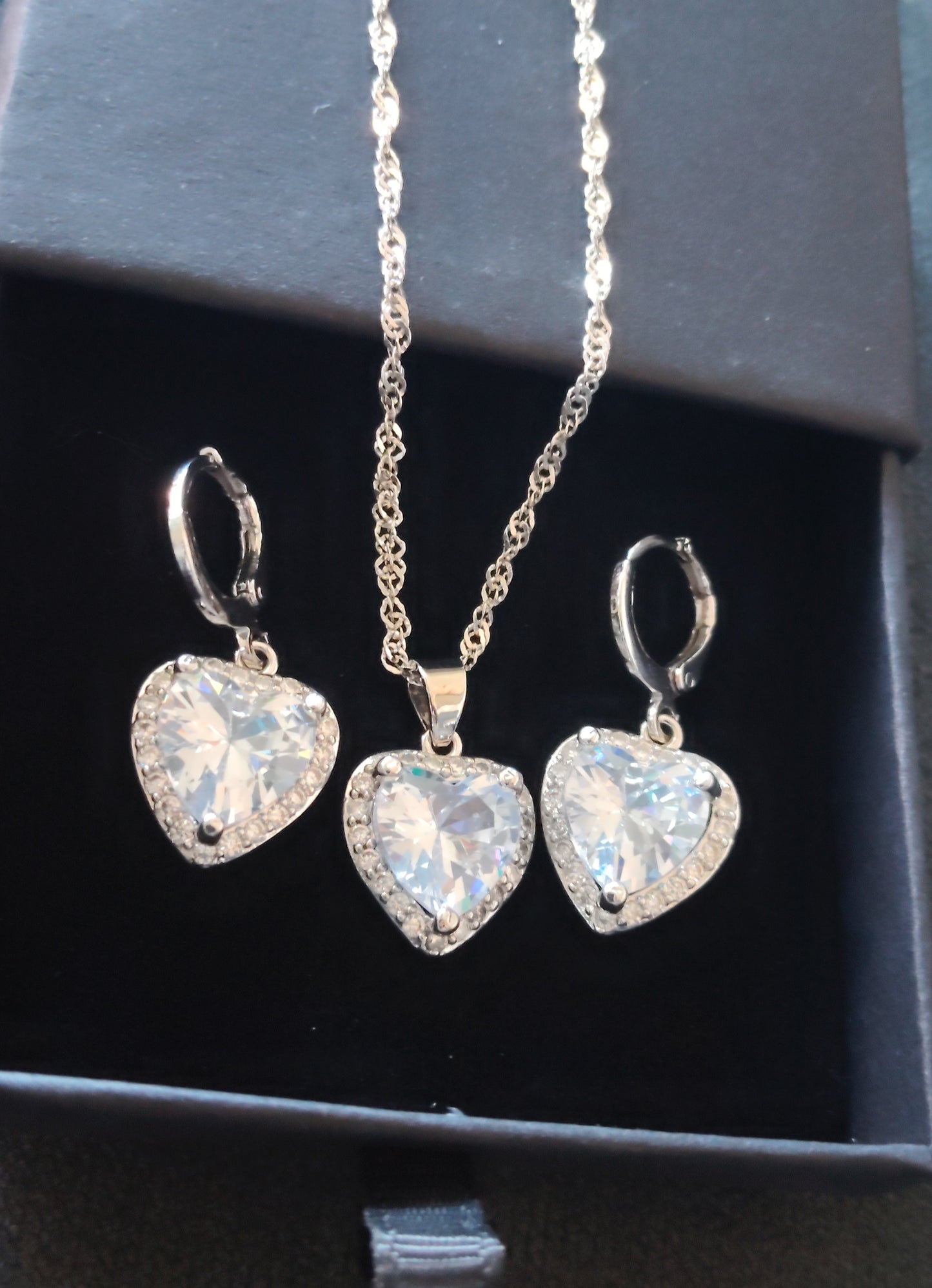 Schmuckset Ohrringe Kette Anhänger 925 Silber Zirkonia-Steine Herzform