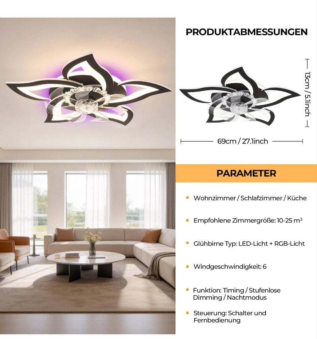 Deckenventilator Deckenleuchte Ventilator Dimmbar Rgb Modern