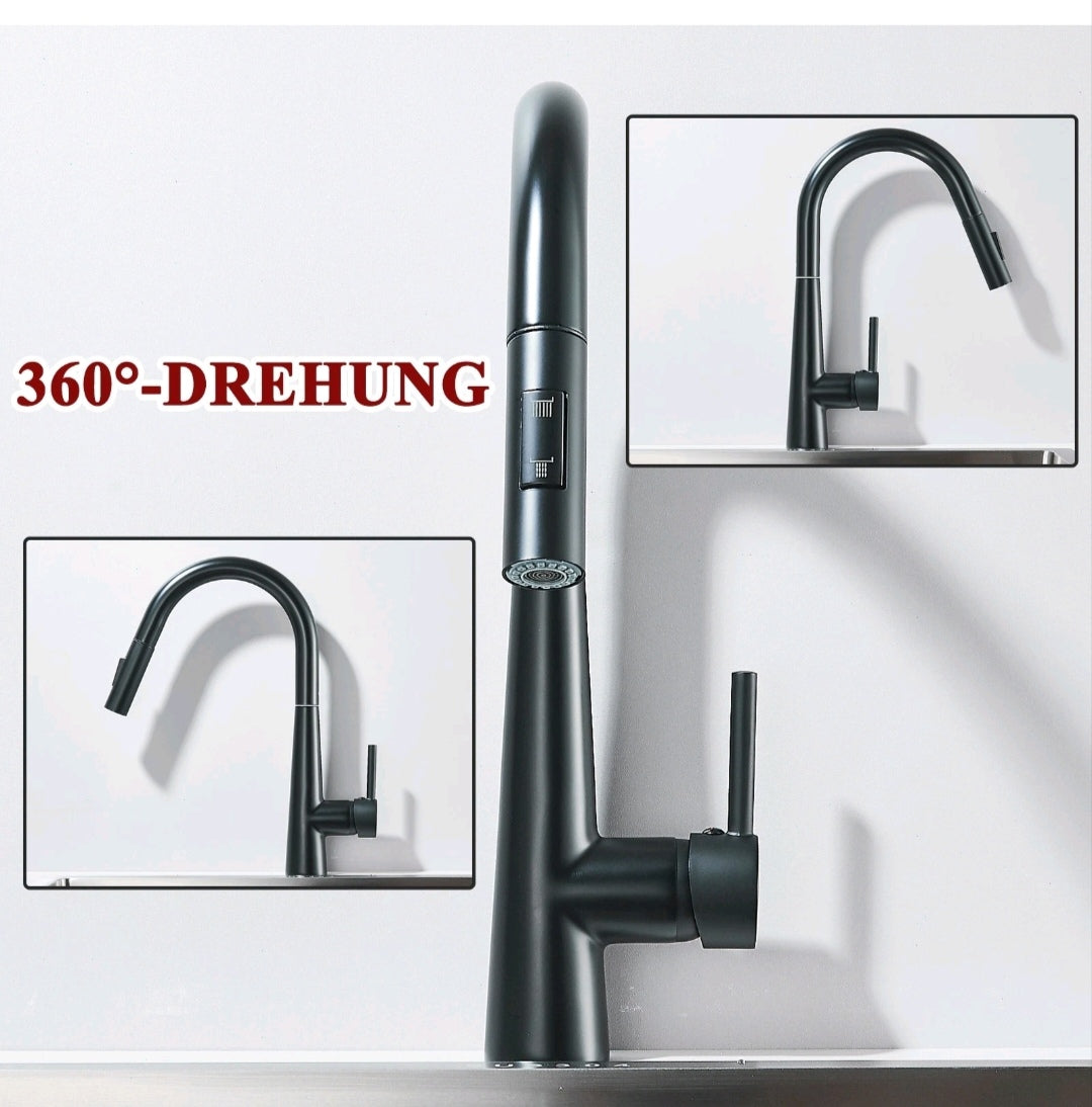 Küchenarmatur Wasserhahn Niederdruck Schwarz mit Brause
