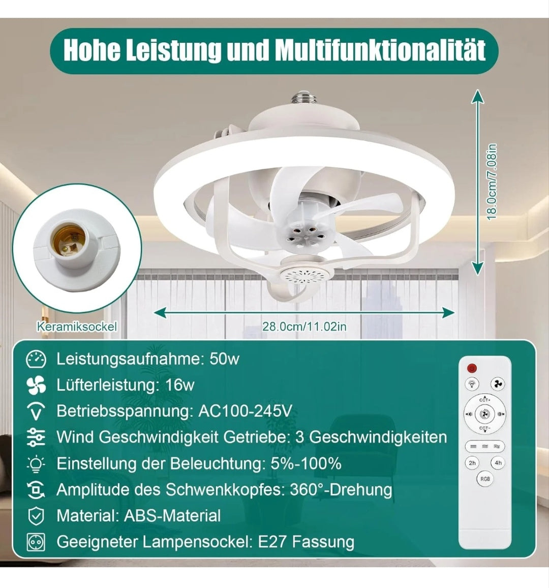 Deckenlampe Deckenleuchte Deckenventilator Dimmbar Rgb