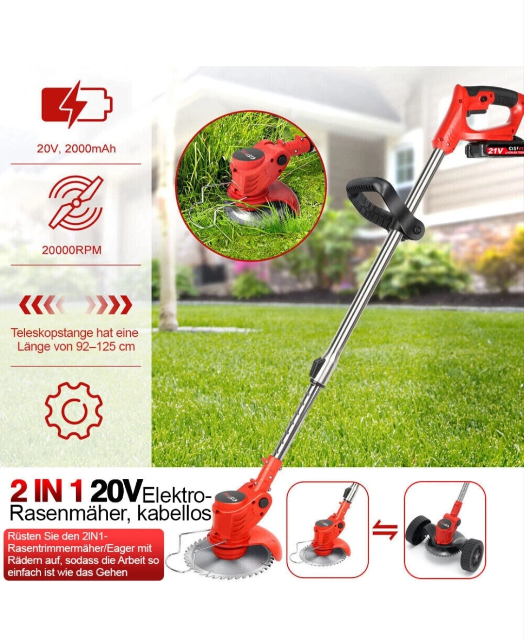 Elektrischer Rasentrimmer Akku Grasschneider mit 2 Akkus