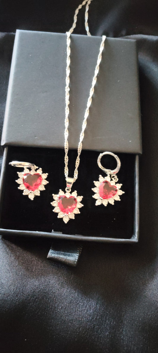 Schmuckset Ohrringe Kette Anhänger 925 Silber Zirkonia-Steine Rot
