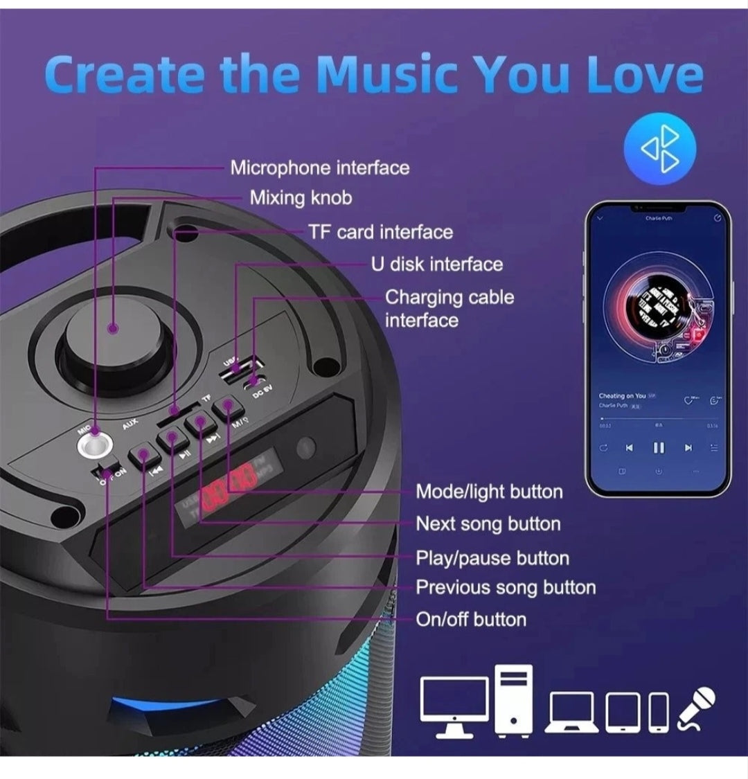 Bluetooth Partylautsprecher Lautsprecher mit LEDs + Mikrofon
