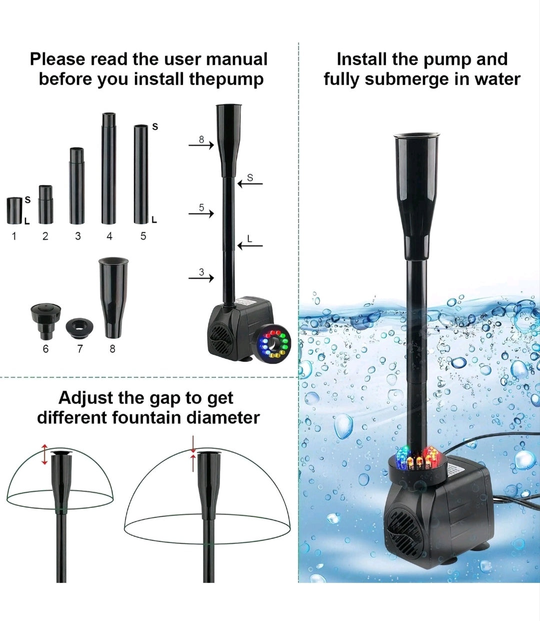 Teichpumpe Brunnenpumpe mit LED Springbrunnenpumpe