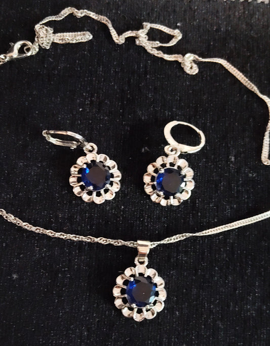 Schmuckset Ohrringe Kette Anhänger 925 Silber Zirkonia-Steine Blau