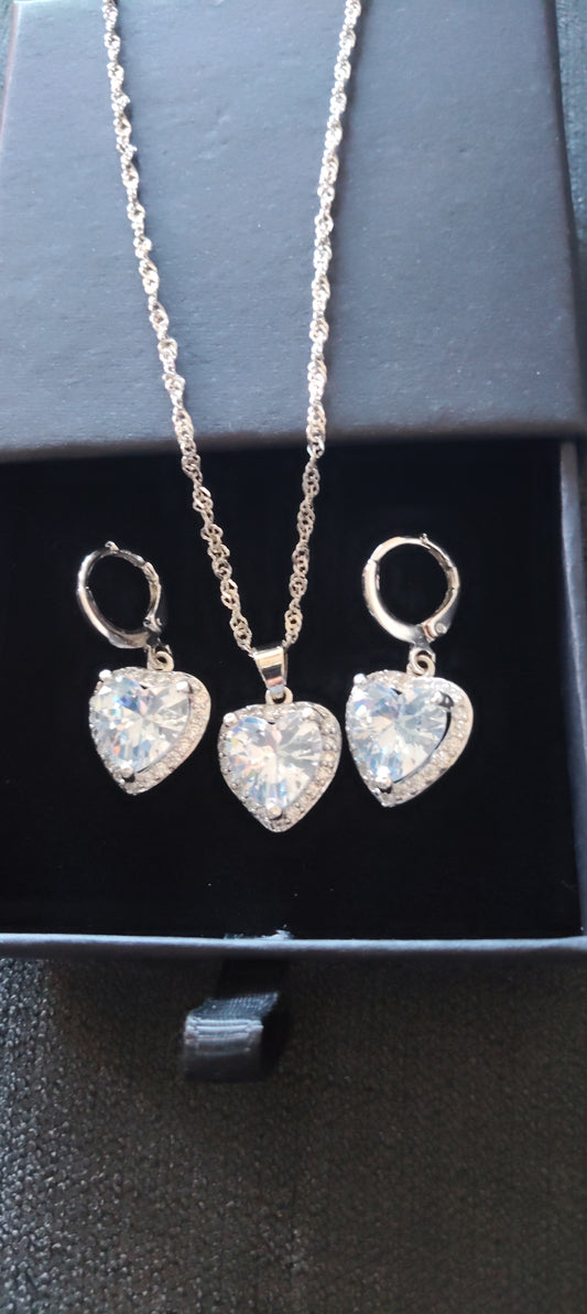 Schmuckset Ohrringe Kette Anhänger 925 Silber Zirkonia-Steine Herzform