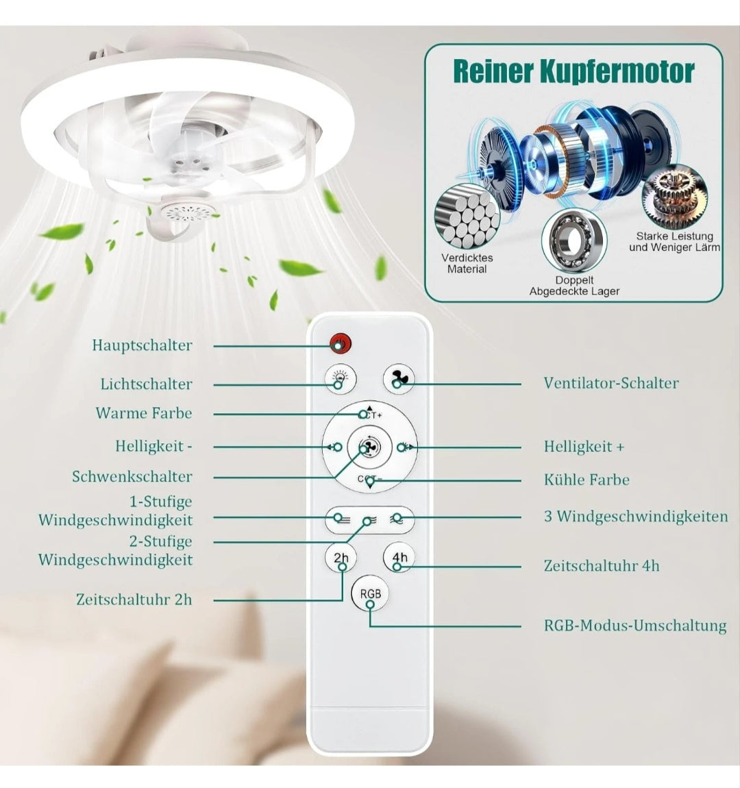 Deckenlampe Deckenleuchte Deckenventilator Dimmbar Rgb