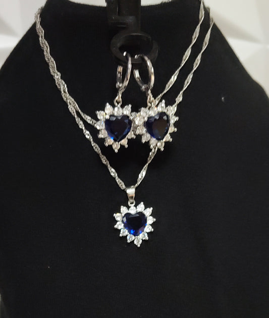 Schmuckset Ohrringe Kette Anhänger 925 Silber Zirkonia-Steine Blau mit Etui