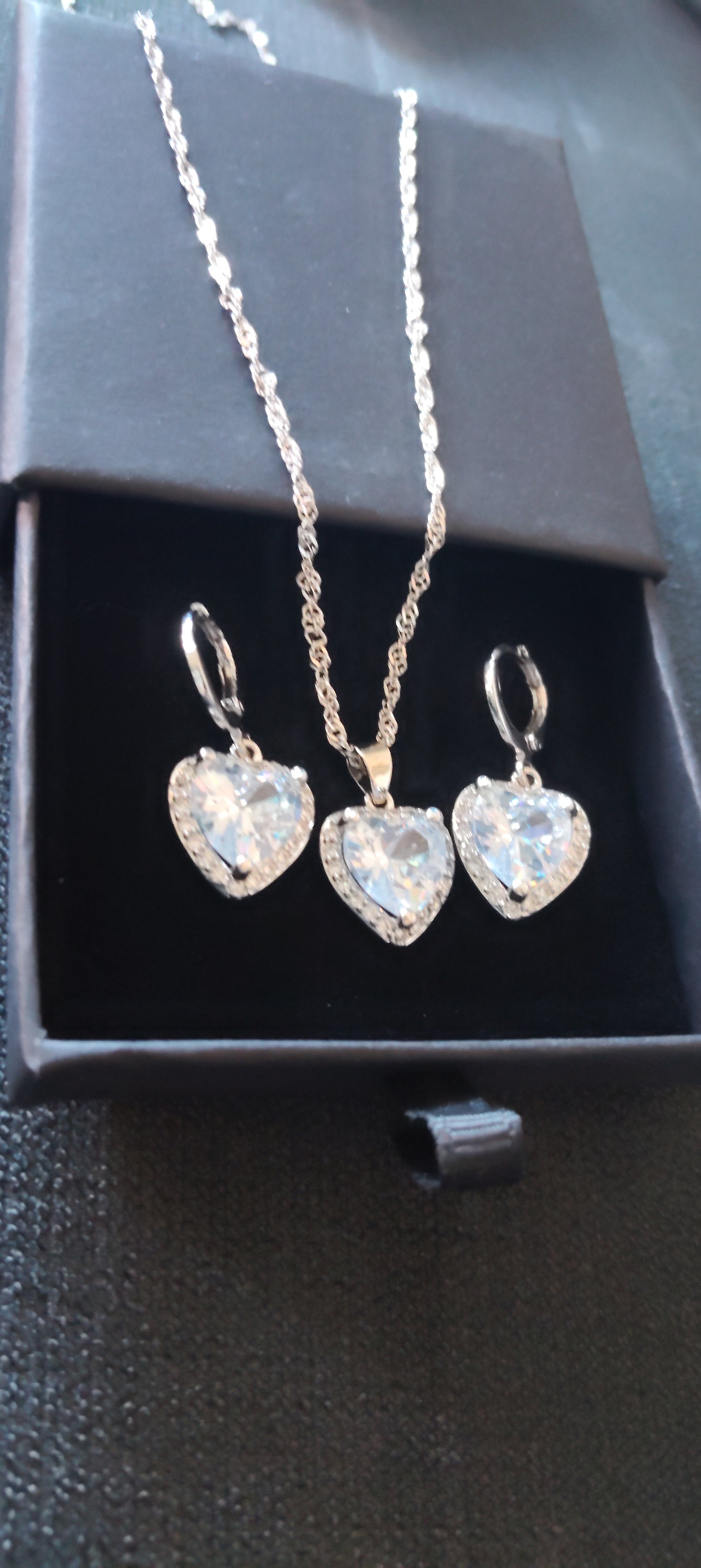 Schmuckset Ohrringe Kette Anhänger 925 Silber Zirkonia-Steine Herzform